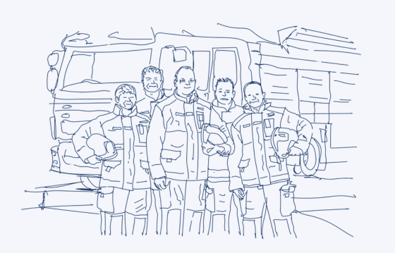 Sketch of fire crew in-front of fire engine